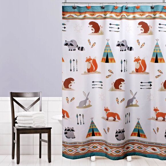 Woodland Animals Shower Curtain Fabric Hedgehog Fox Teepee Rabbit Arrows NEW - Picture 2 of 6